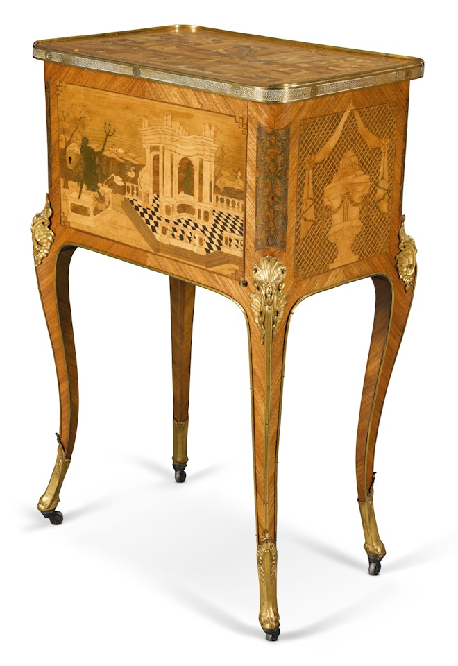 A German gilt-bronze mounted tulipwood, ebony, fruitwood and brass inlaid marquetry table à écrire
 by Anonymous