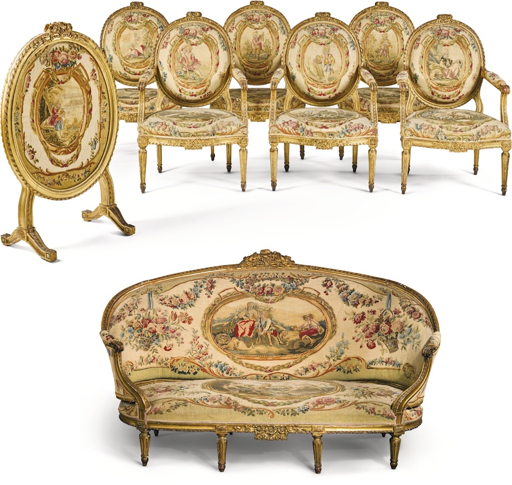 A suite of Louis XVI carved giltwood seat furniture attributed to Nadal L'ainé by Anonymous
