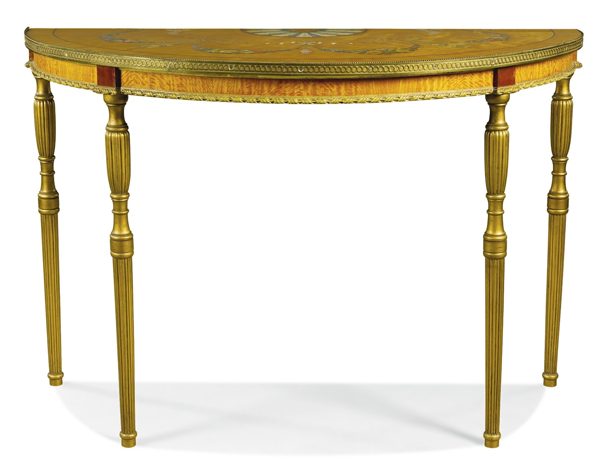 A pair of polychrome painted satinwood and giltwood pier tables by Anonymous