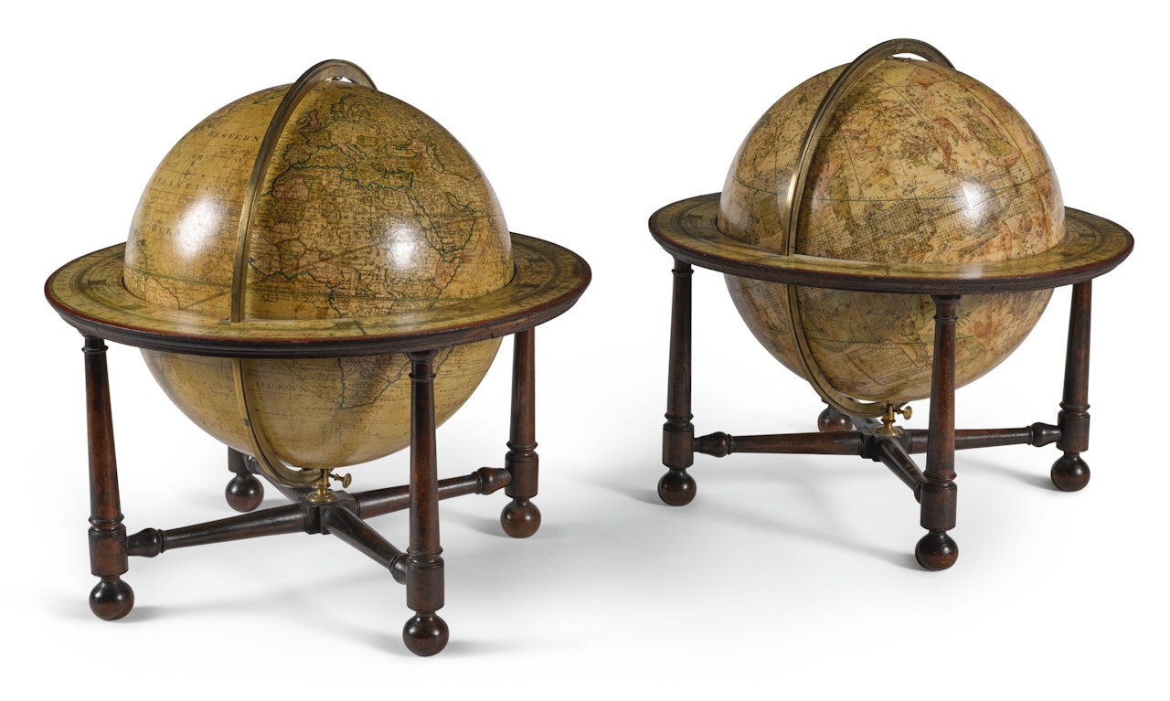 A matched pair of George III 12-inch terrestrial and celestial globes, the terrestrial globe by Ferguson, the celestial globe by Wright by Anonymous