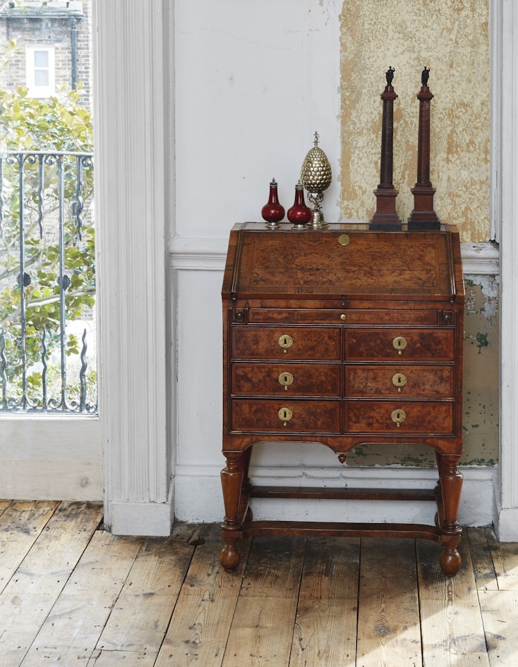 A Queen Anne burr-walnut and walnut bureau-on-stand by Anonymous