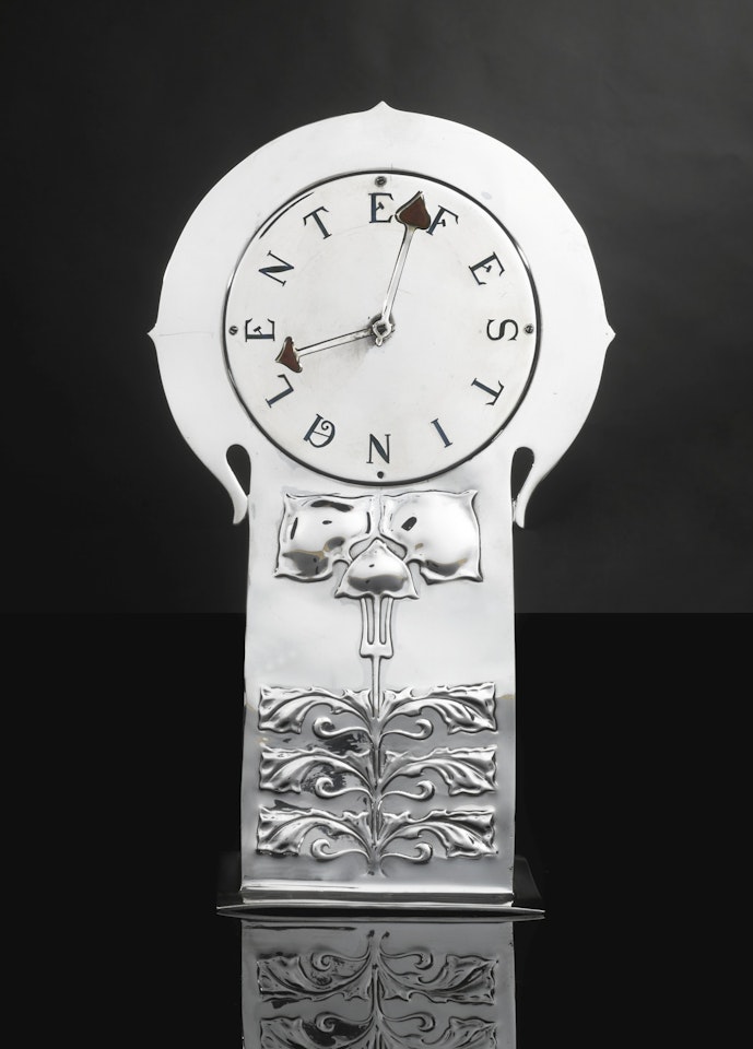 An Edwardian Art Nouveau silver and enamel timepiece, designed by Archibald Knox, for Liberty & Co. by Anonymous