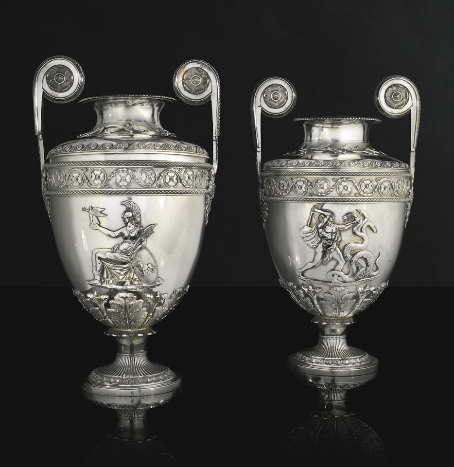 Two George II silver Lloyd's Patriotic Fund vases, Digby Scott & Benjamin Smith, and Benjamin Smith, retailed by Rundell, Bridge & Rundell by Anonymous