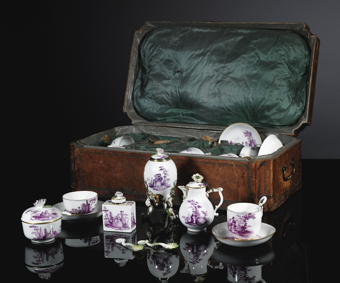 A cased Meissen silver-gilt mounted travelling tea and coffee service by Anonymous