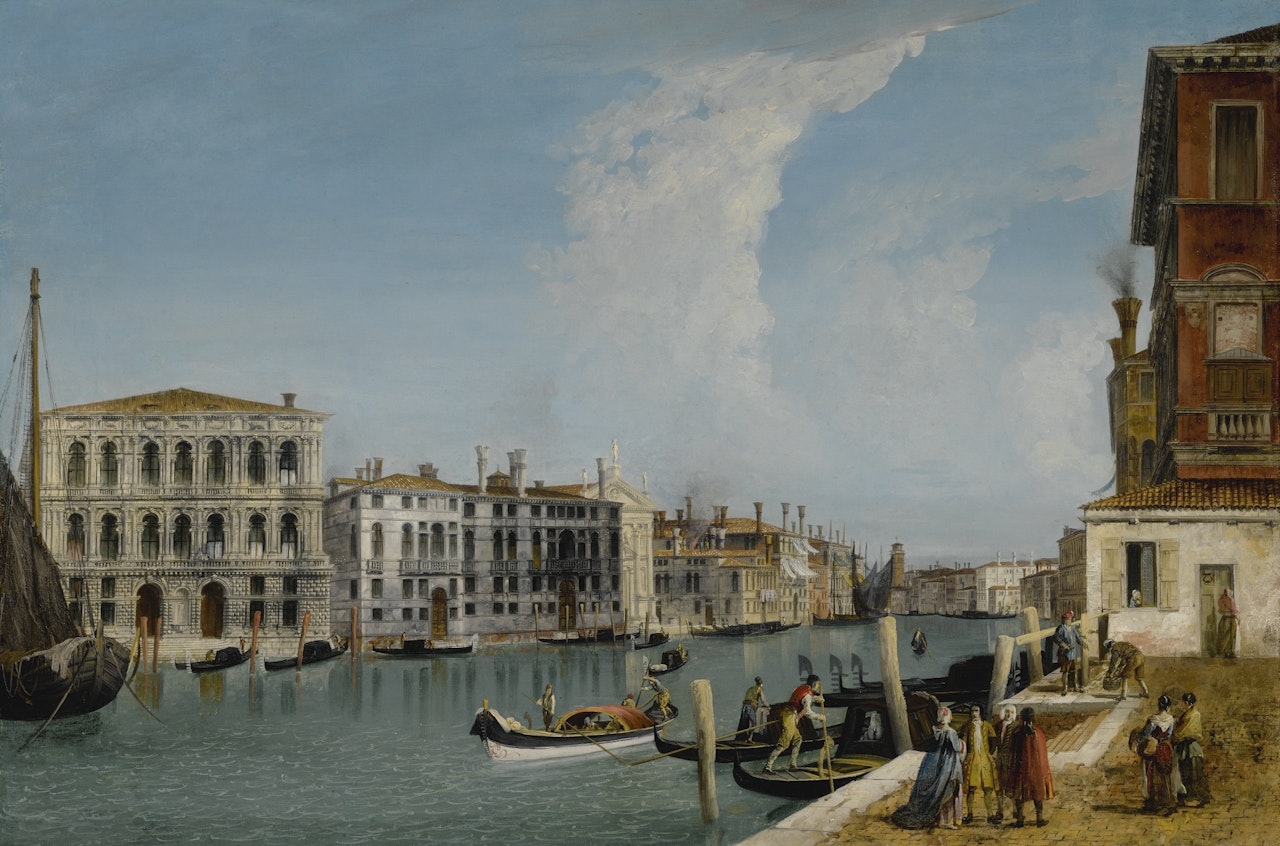 VENICE, A VIEW OF THE GRAND CANAL WITH CA' PESARO AND PALAZZO FOSCARINI-GIOVANELLI, FROM THE CAMPIELLO OF THE PALAZZO GUSSONI by Michele Marieschi