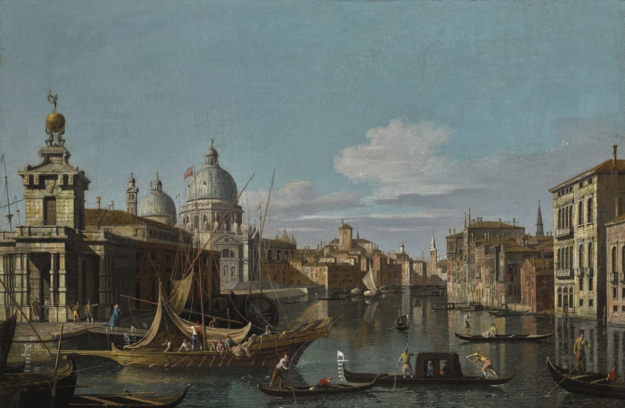 VENICE, A VIEW OF THE GRAND CANAL LOOKING WEST TOWARDS THE CHURCH OF THE SANTA MARIA DELLA SALUTE by Circle of Canaletto