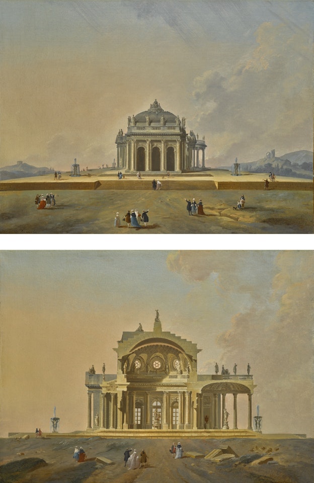 TWO FANTASTICAL ARCHITECTURAL STUDIES WITH FIGURES by Pierre Antoine Demachy