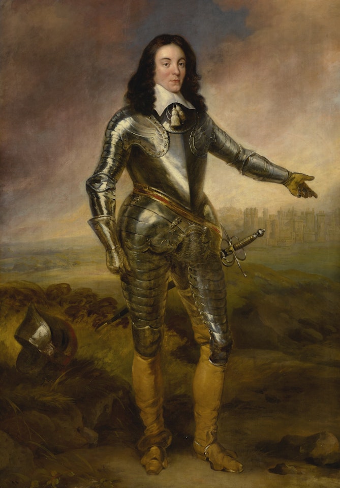 PORTRAIT OF A GENTLEMAN, PROBABLY CAPTAIN JOSEPH POOLE OF SYKEHOUSE, WEARING ARMOR AND STANDING IN A LANDSCAPE by English School