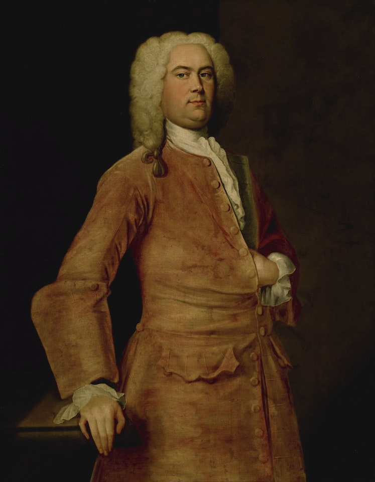 PORTRAIT OF A MAN IN A RED COAT, KNEE-LENGTH, TRADITIONALLY IDENTIFIED AS GEORGE FREDERICK HANDEL by English School