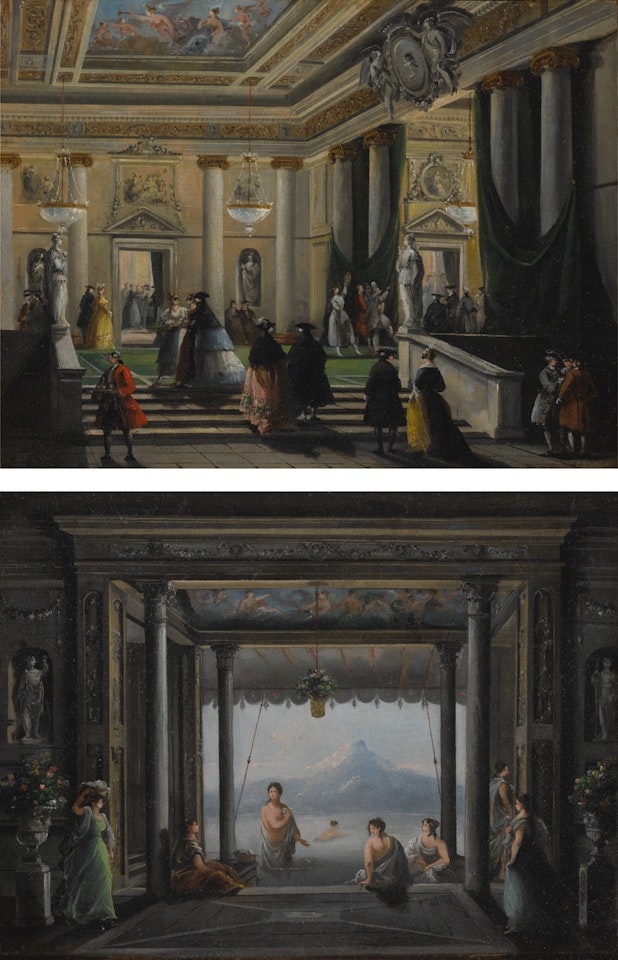 FIGURES IN THE FOYER OF TEATRO LA FENICE, VENICE; A SCENE FROM THE LAST DAYS OF POMPEII, PERFORMED IN TEATRO LA FENICE, VENICE by Giuseppe Bernardino Bison