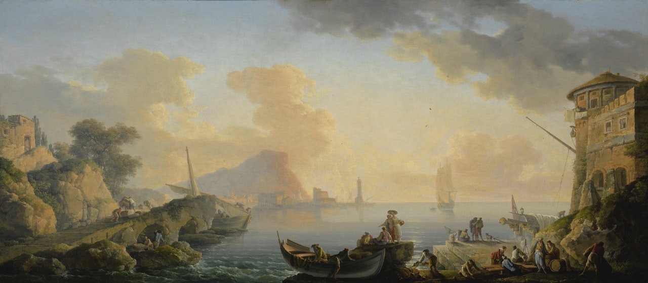 VIEW OF A HARBOR AT DAWN, WITH FISHERMEN ALONG THE PORT IN THE FOREGROUND by Carlo Bonavia