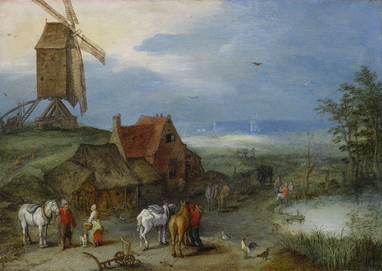 LANDSCAPE WITH A WINDMILL, VARIOUS FIGURES, HORSES, AND ANIMALS NEAR A FARMSTEAD by Jan Brueghel the Younger