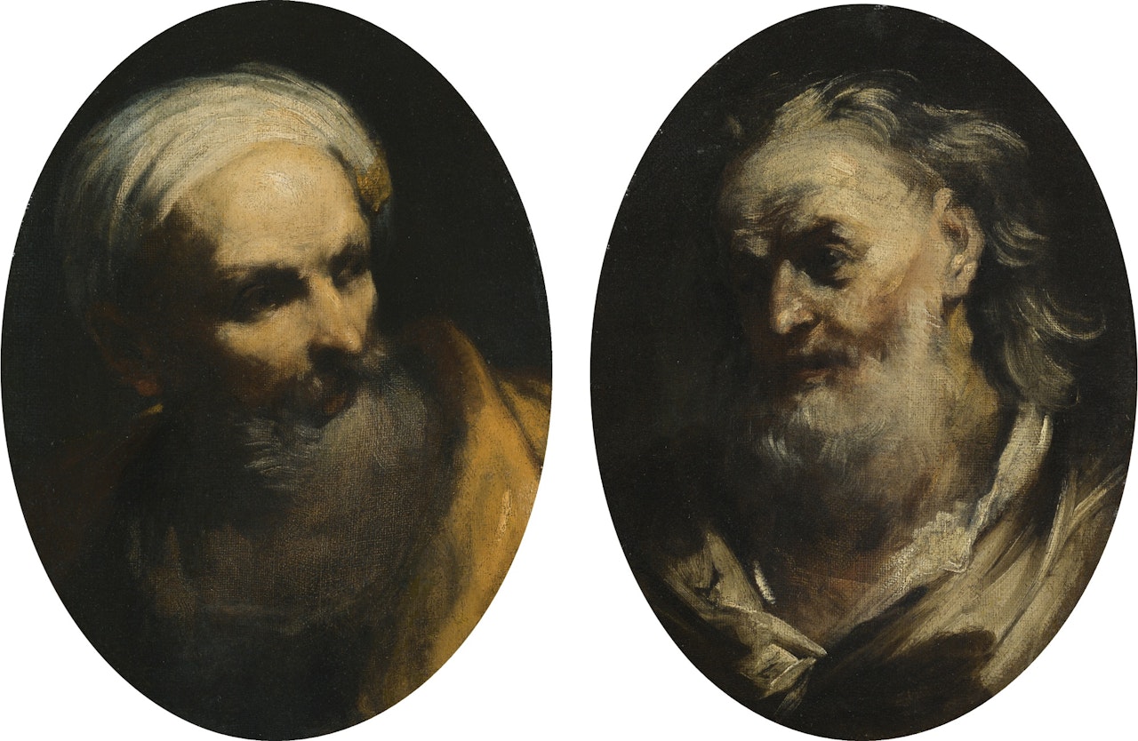 STUDY OF A BEARDED MAN WEARING A TURBAN, HEAD AND SHOULDERS, LOOKING RIGHT; STUDY OF AN ELDERLY BEARDED MAN, LOOKING LEFT by Giuseppe Maria Crespi