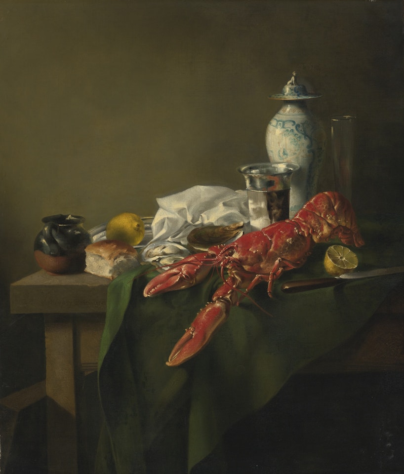 STILL LIFE OF A LOBSTER, A CHINESE PORCELAIN VASE, OYSTERS, LEMONS, BREAD, A KNIFE AND OTHER OBJECTS ON A WOODEN TABLE DRAPED WITH A GREEN CLOTH by French School