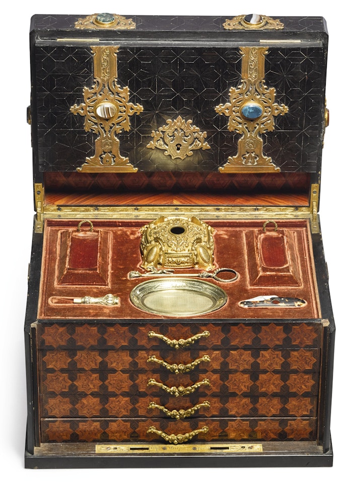 A hardstone and gilt-bronze mounted ebonized and parquetry humidor, Alphonse-Gustave Giroux, 1775-1848 by Anonymous