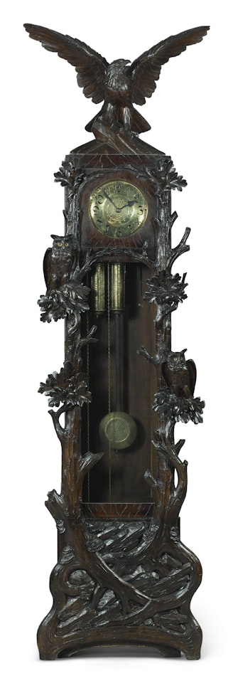A large Swiss "Black Forest" carved linden wood tall case clock by Anonymous