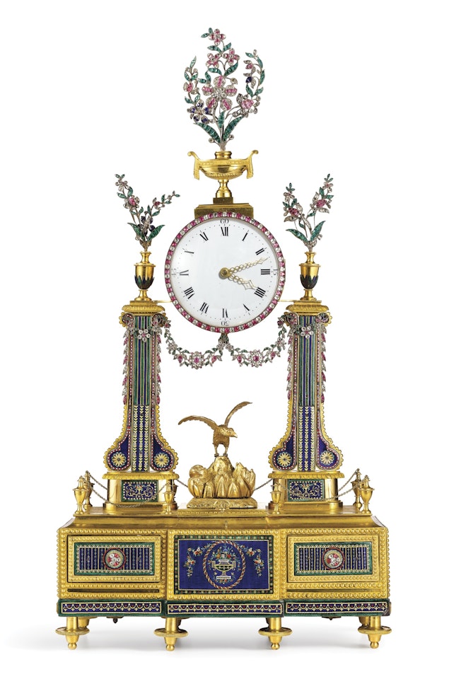 A MAGNIFICENT SWISS ORMOLU, ENAMEL-MOUNTED AND PASTE-SET STRIKING AND MUSICAL 'DRESSING TABLE' PORTICO CLOCK by Anonymous