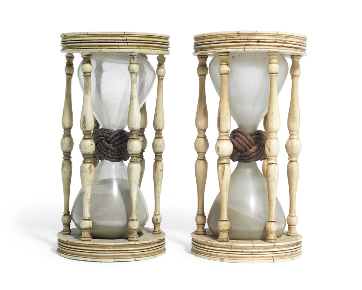 A pair of American or English scrimshaw hour glasses, Continental by Anonymous