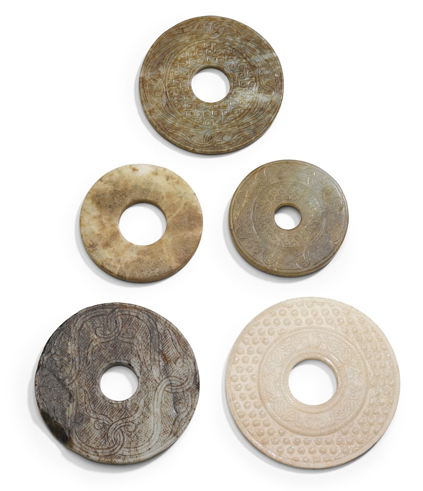 A STUDY GROUP OF FIVE ARCHAISTIC JADE BI DISCS by Anonymous