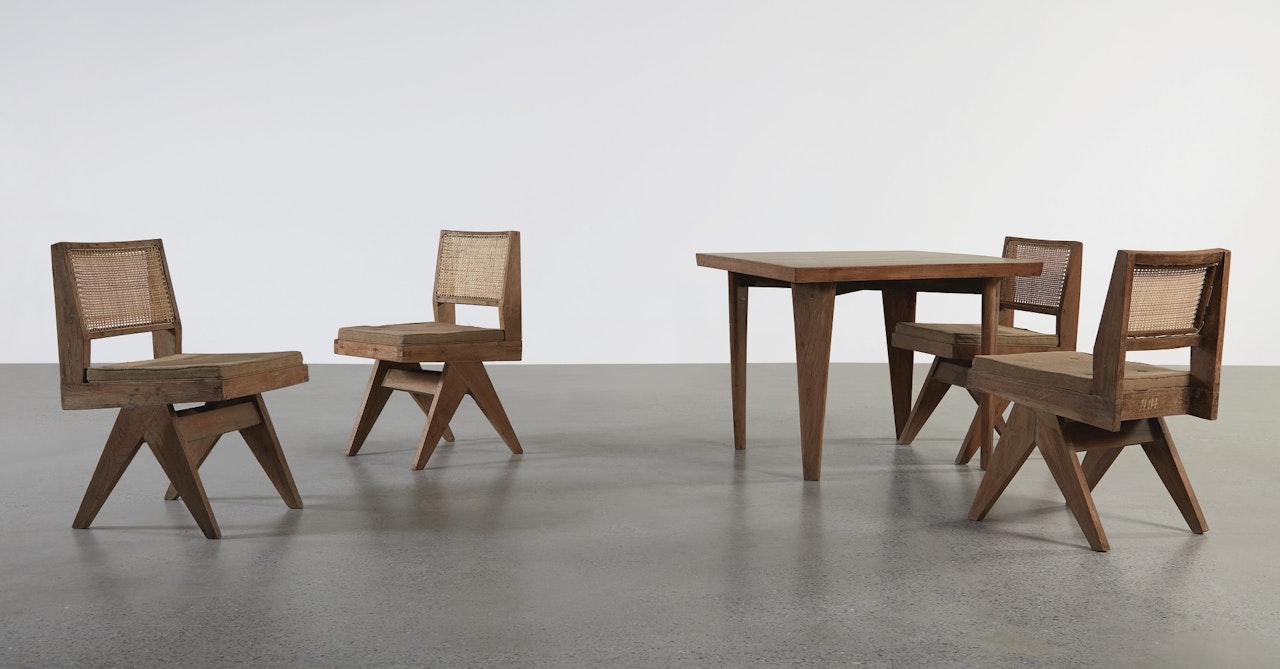 "SQUARE" TABLE AND FOUR "V" CHAIRS DESIGNED FOR THE STUDENT RESIDENCES OF THE UNIVERSITY OF PUNJAB, CHANDIGARH, INDIA by Pierre Jeanneret