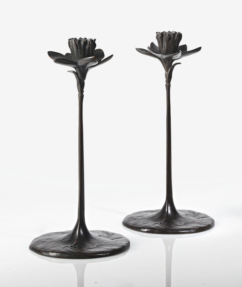 A RARE PAIR OF "DAFFODIL" CANDLESTICKS by Tiffany Studios