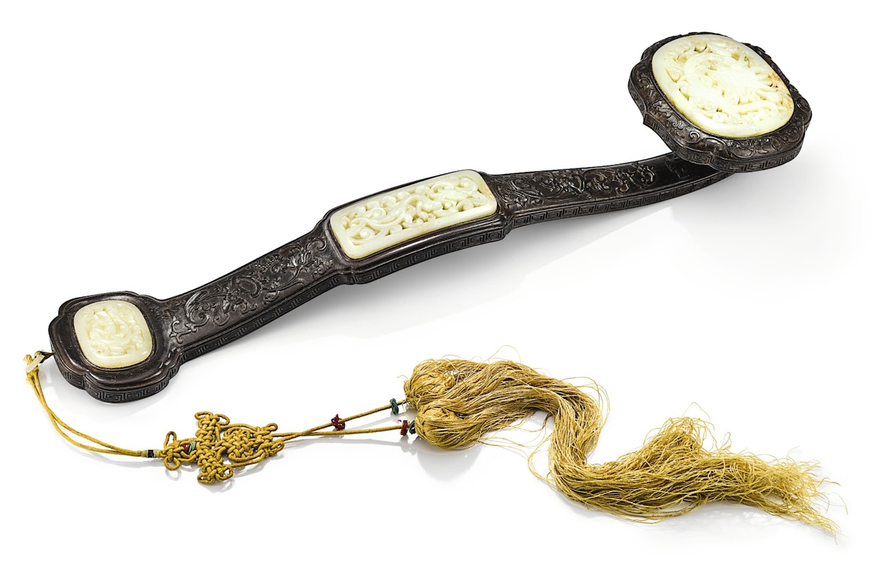 AN IMPRESSIVE CELADON JADE-INLAID ZITAN 'DRAGON' RUYI SCEPTRE
 by Anonymous