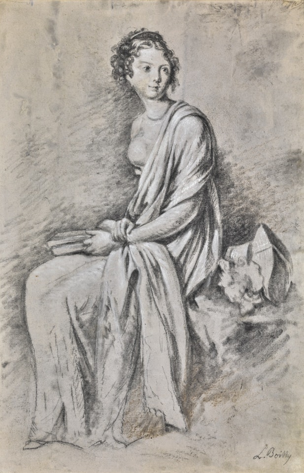 STUDY OF A SEATED YOUNG WOMAN HOLDING A BOOK, HER BONNET ON A SIDE TABLE by Louis-Leopold Boilly
