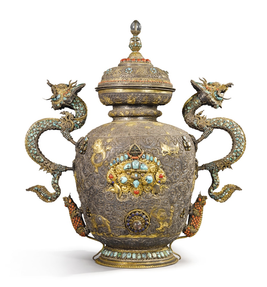 A SILVER VESSEL WITH SEMIPRECIOUS STONE INLAY by Anonymous