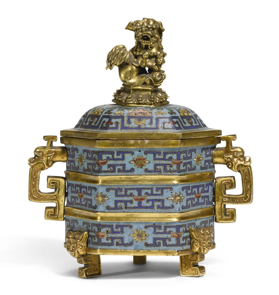 A CLOISONNÉ ENAMEL TRIPOD INCENSE BURNER AND COVER by Anonymous