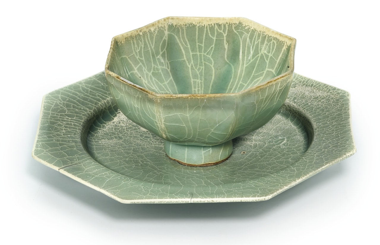 A LONGQUAN GUAN-TYPE CUP AND DISH by Anonymous