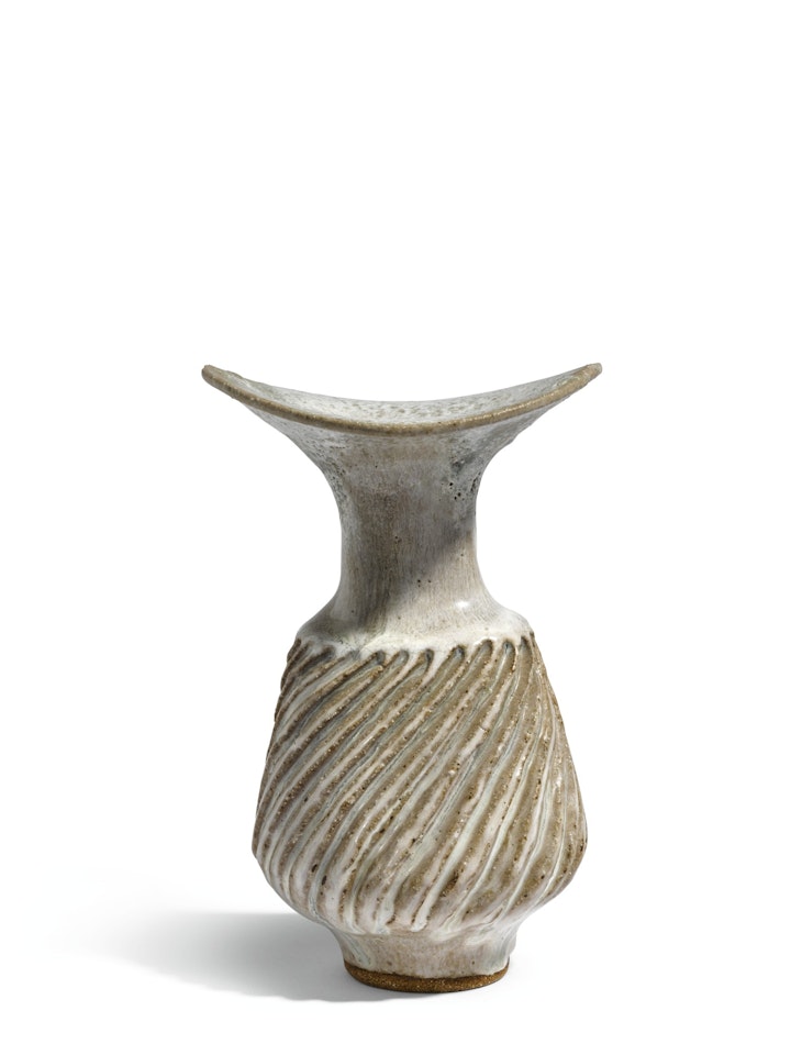 VASE WITH FLUTED BODY AND FLARING LIP by Lucie Rie