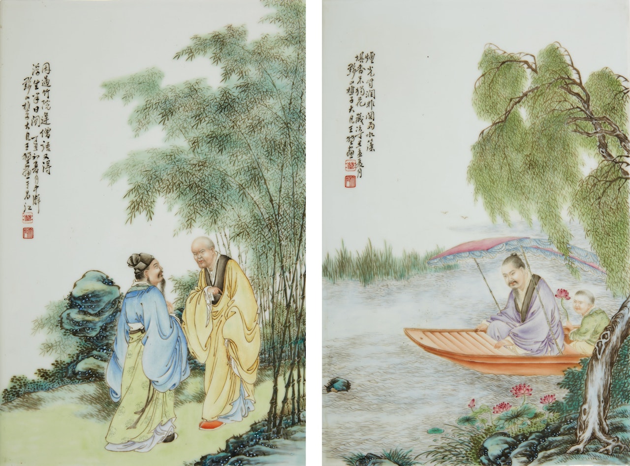 A PAIR OF FAMILLE-ROSE 'FIGURAL' PLAQUES BY WANG DAFAN by Anonymous