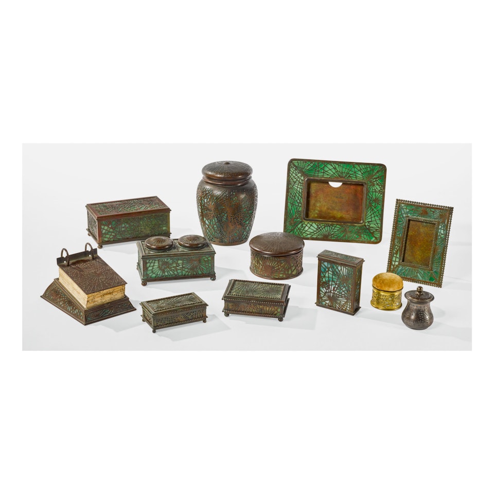 ELEVEN-PIECE “PINE NEEDLE” DESK SET by Tiffany Studios