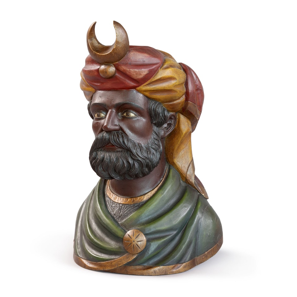 VERY FINE AND RARE CARVED AND POLYCHROME PAINT-DECORATED WOOD TOBACCONIST'S COUNTER TOP TRADE FIGURE DEPICTING A SULTANA, ATTRIBUTED TO WILLIAM DEMUTH (1835-1911), NEW YORK, CIRCA 1880 by Anonymous
