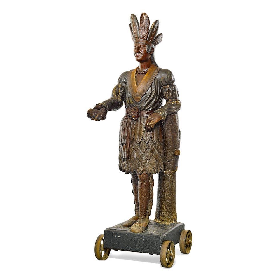 VERY FINE AND RARE CARVED AND POLYCHROME PAINT-DECORATED TOBACCONIST 'INDIAN WARRIOR' TRADE FIGURE, THOMAS BROOKS (1811-1887),, NEW YORK, CIRCA 1860 by Anonymous