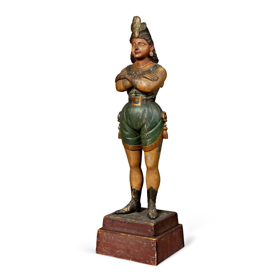 RARE AND IMPORTANT CARVED AND POLYCHROME PAINT-DECORATED PINE TOBACCONIST TRADE FIGURE DEPICTING A THEATRICAL FIGURE, POSSIBLY THE WORK OF WILLIAM DEMUTH OR SAMUEL ROBB, PROBABLY NEW YORK, CIRCA 1880 by Anonymous