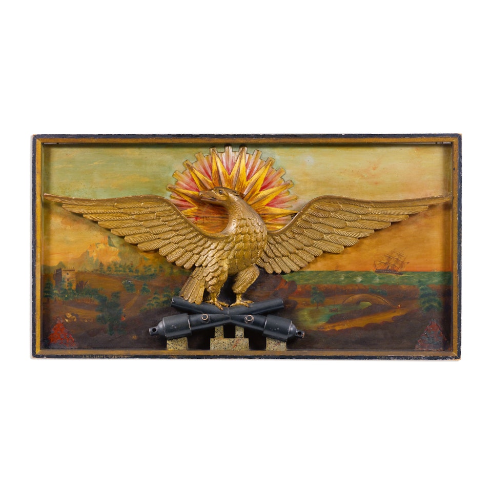 VERY FINE AND RARE PATRIOTIC CARVED AND GILTWOOD SPREAD-WINGED AMERICAN EAGLE WITH PAINTED SEASCAPE BACKGROUND WALL PLAQUE, POSSIBLY JOSEPH MASON (JOHN WILLIAMS) (ABT.1780) AND WILLIAM HENRY COFFIN (1812-1898), PROBABLY NANTUCKET, MASSACHUSETTS, CIRCA 1850 by Anonymous