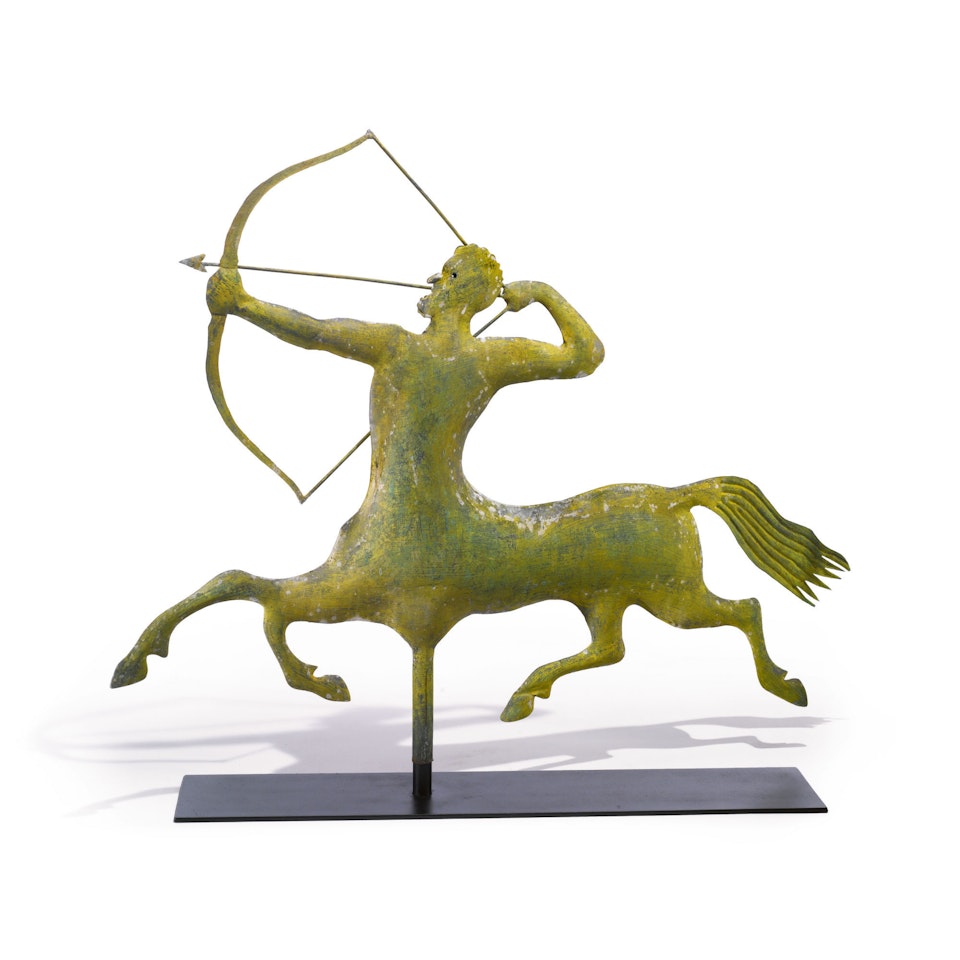FINE AND RARE MOLDED GILT SHEET COPPER AND ZINC 'ARCHER' CENTAUR WEATHERVANE, A.L. JEWELL & CO. (1852-1867), WALTHAM, MASSACHUSETTS, CIRCA 1865 by Anonymous