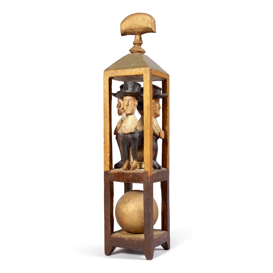 CARVED AND POLYCHROME PAINTED PINE WHIMSY CARVING OF MEN, AMERICAN, CIRCA 1865 by Anonymous