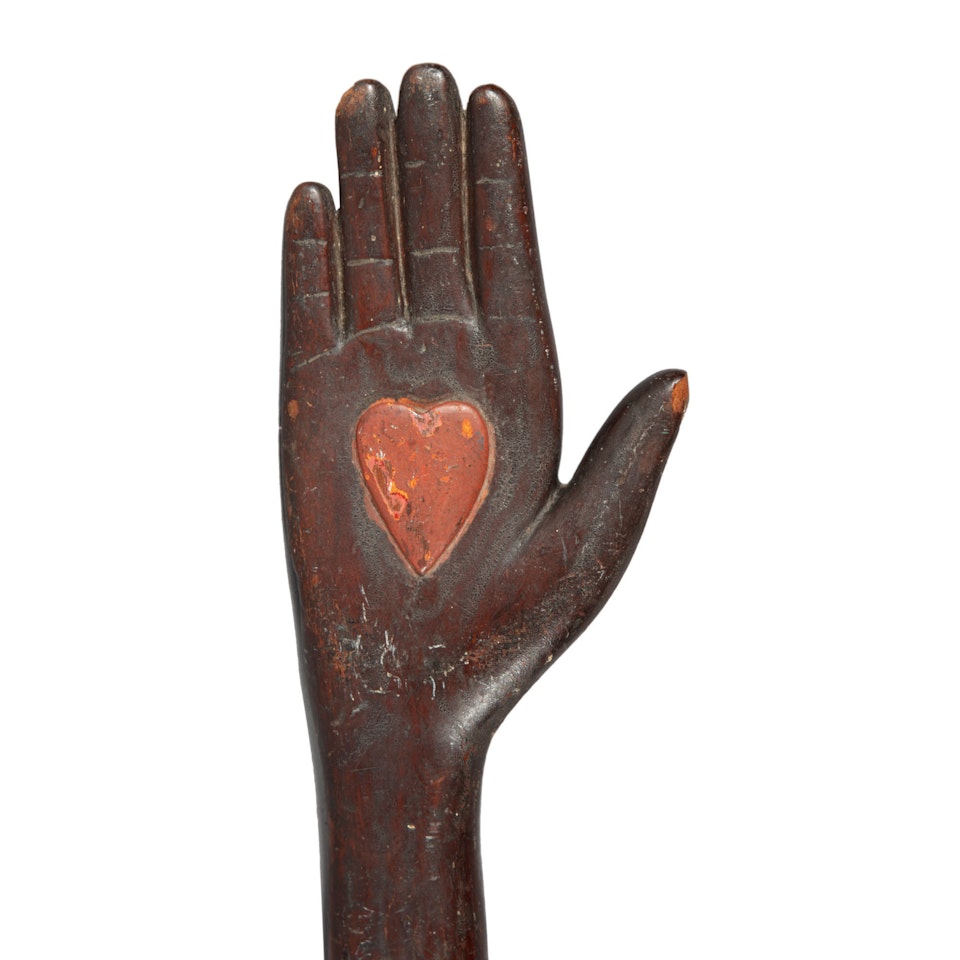 VERY RARE ODD FELLOWS CARVED AND PAINTED CEREMONIAL HEART-IN-HAND STAFF, FLORIDA, CIRCA 1890 by Anonymous