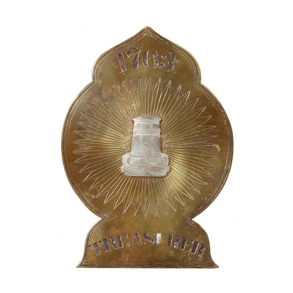 SILVERED AND ENGRAVED BRASS FIREMAN'S FRONTISPIECE FOR THE SUN FIRE COMPANY, JACOB EICHHOLTZ (1776–1842), LANCASTER, PENNSYLVANIA, CIRCA 1836 by Anonymous