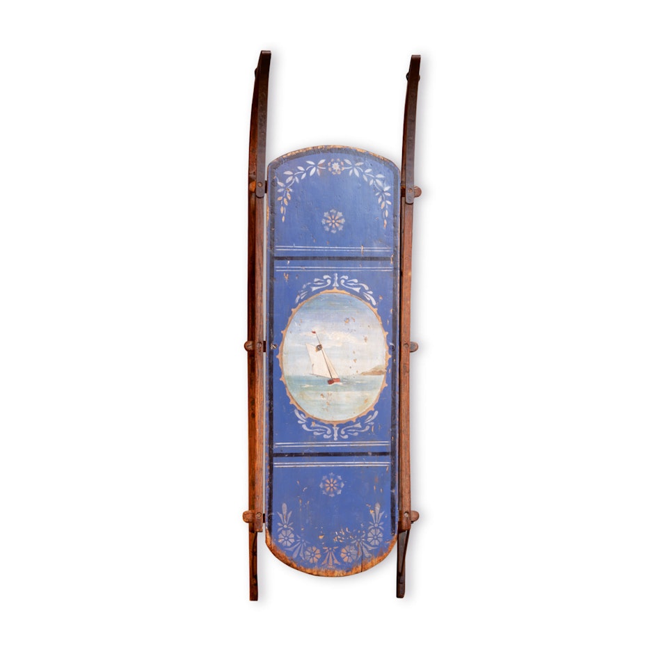 FINE CHILD'S BLUE AND POLYCHROME PAINT-DECORATED WOOD SLED, AMERICA, CIRCA 1880 by Anonymous