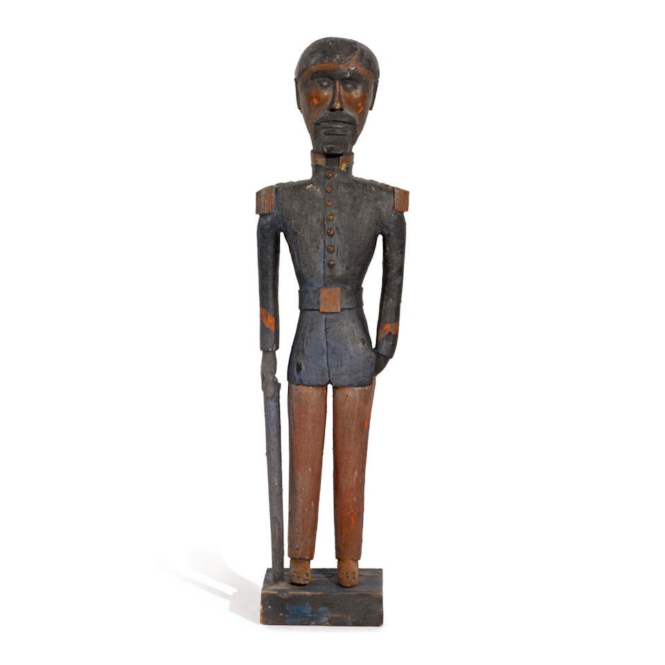 IMPORTANT CARVED AND POLYCHROME PAINT-DECORATED HORNBEAM SCULPTURE OF A CIVIL WAR SOLDIER, PROBABLY SOUTHEASTERN UNITED STATES, CIRCA 1870 by Anonymous