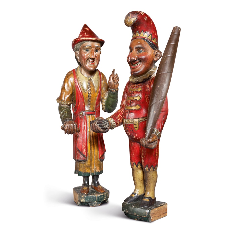 VERY FINE AND RARE CARVED AND POLYCHROME PAINT-DECORATED PINE FIGURES OF PUNCH AND JUDY, RICHARD GILBERT OAKES (1827-1916), JOLIET CITY, WILL CO., ILLINOIS, CIRCA 1875-85 by Anonymous