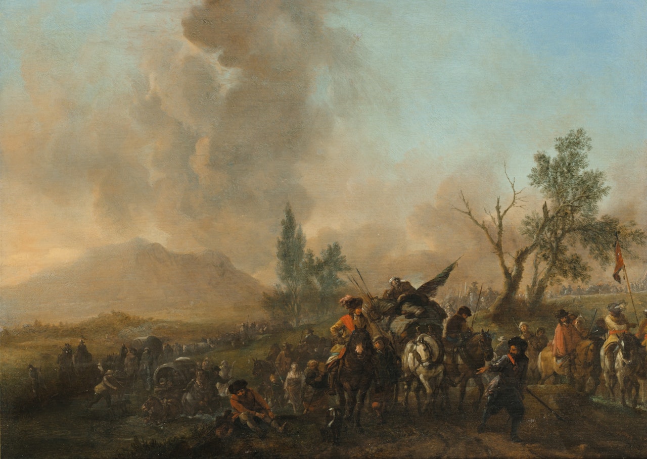 CALVALRY AND SOLDIERS ON THE MARCH FORDING A STREAM by Philips Wouwerman