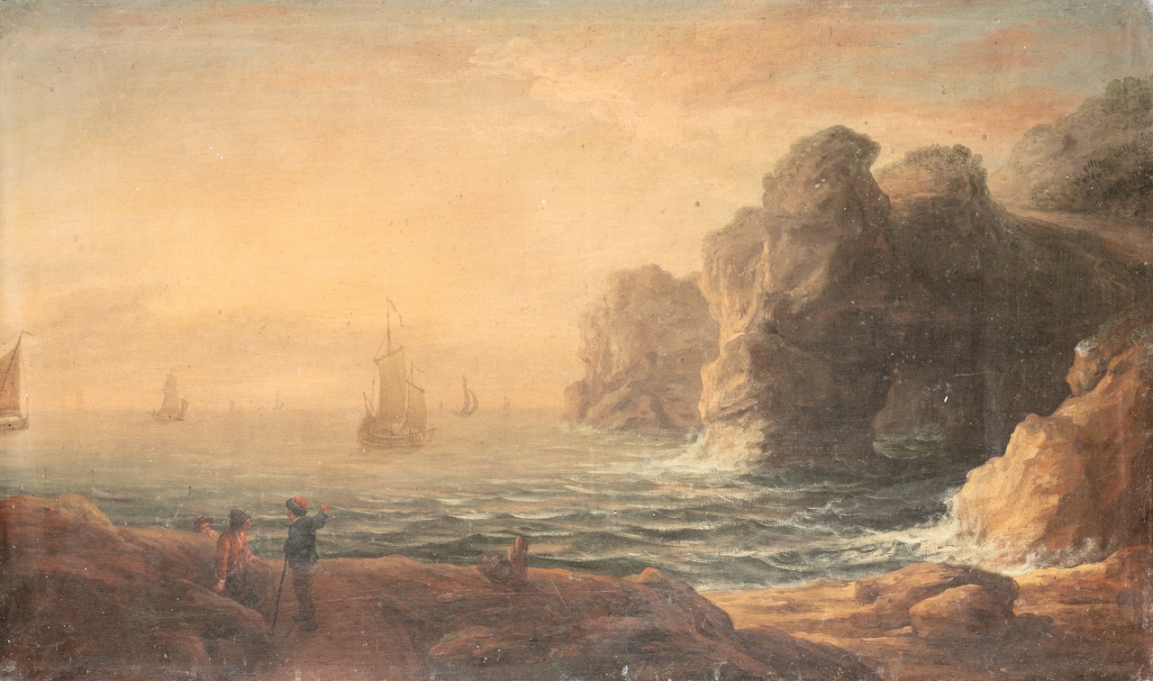 VIEW OF A BAY WITH A ROCKY COAST AND SAILING VESSELS by Flemish School