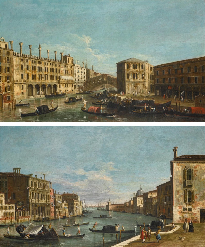 Venice, a view of the Grand Canal with the Rialto Bridge, looking south; and Venice, a view of the Grand Canal from the Campo di San Vio, with the Palazzo Barbarigo on the right and Palazzo Correr on the left, looking east by Apollonio Domenichini