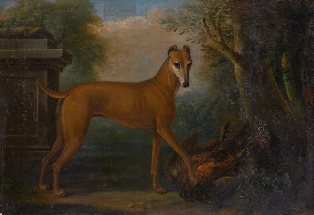 A whippet in a landscape with a dead pheasant by John Wootton