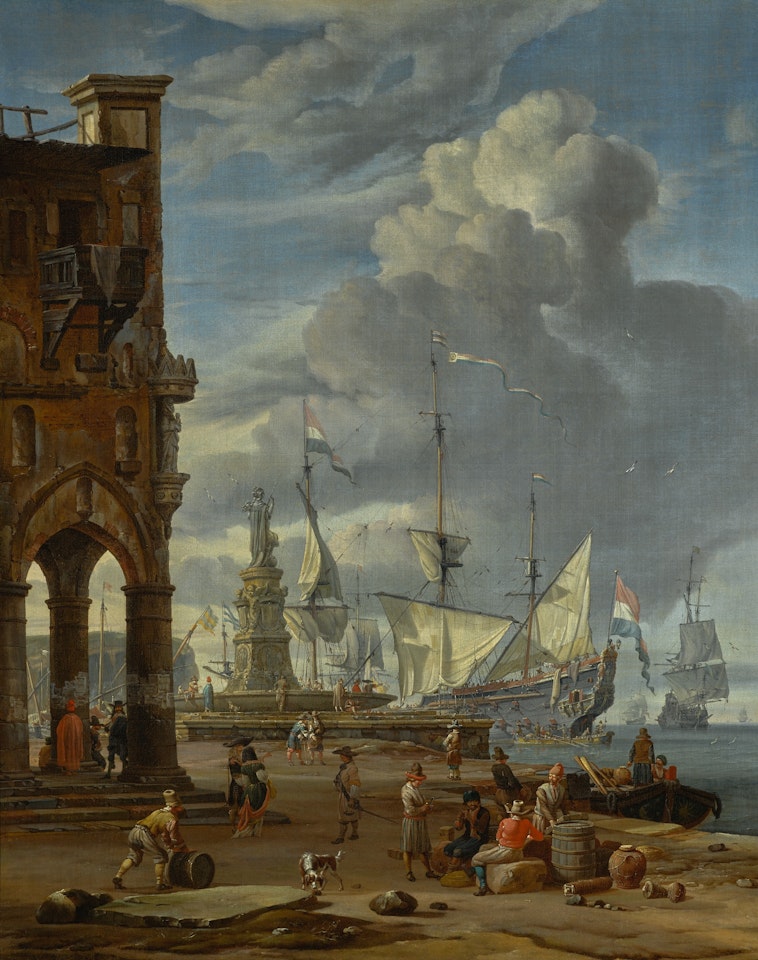 A southern port scene with numerous figures on a quayside by Abraham Storck