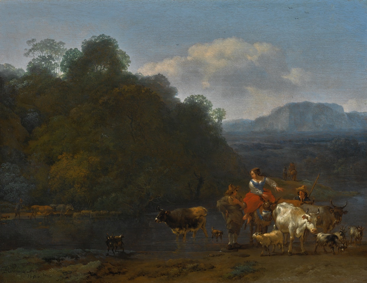 Southern landscape with shepherds and their animals fording a stream by Nicolaes Pietersz Berchem